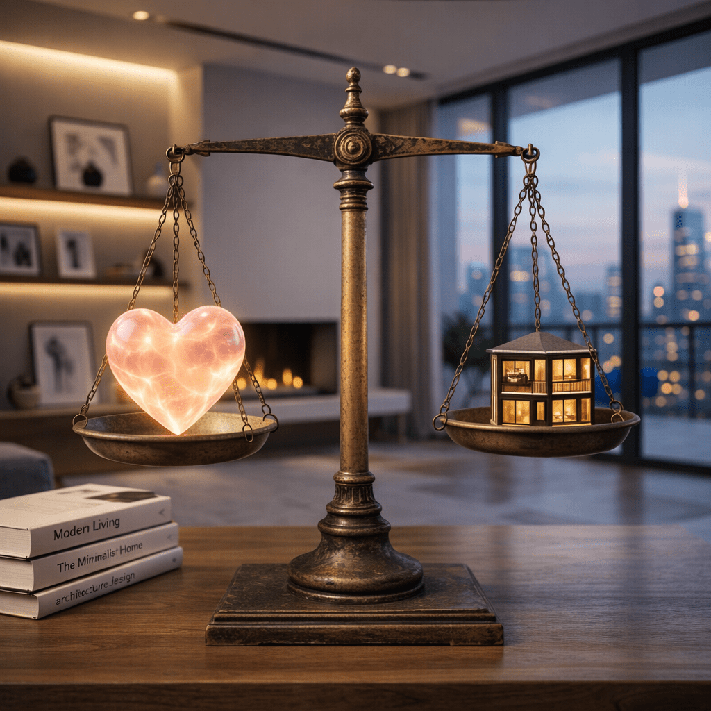 A scale with a glowing heart on one side and a miniature modern house on the other