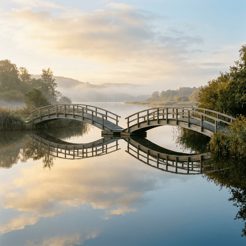 Arched wooden footbridge reflected in a calm, misty lake